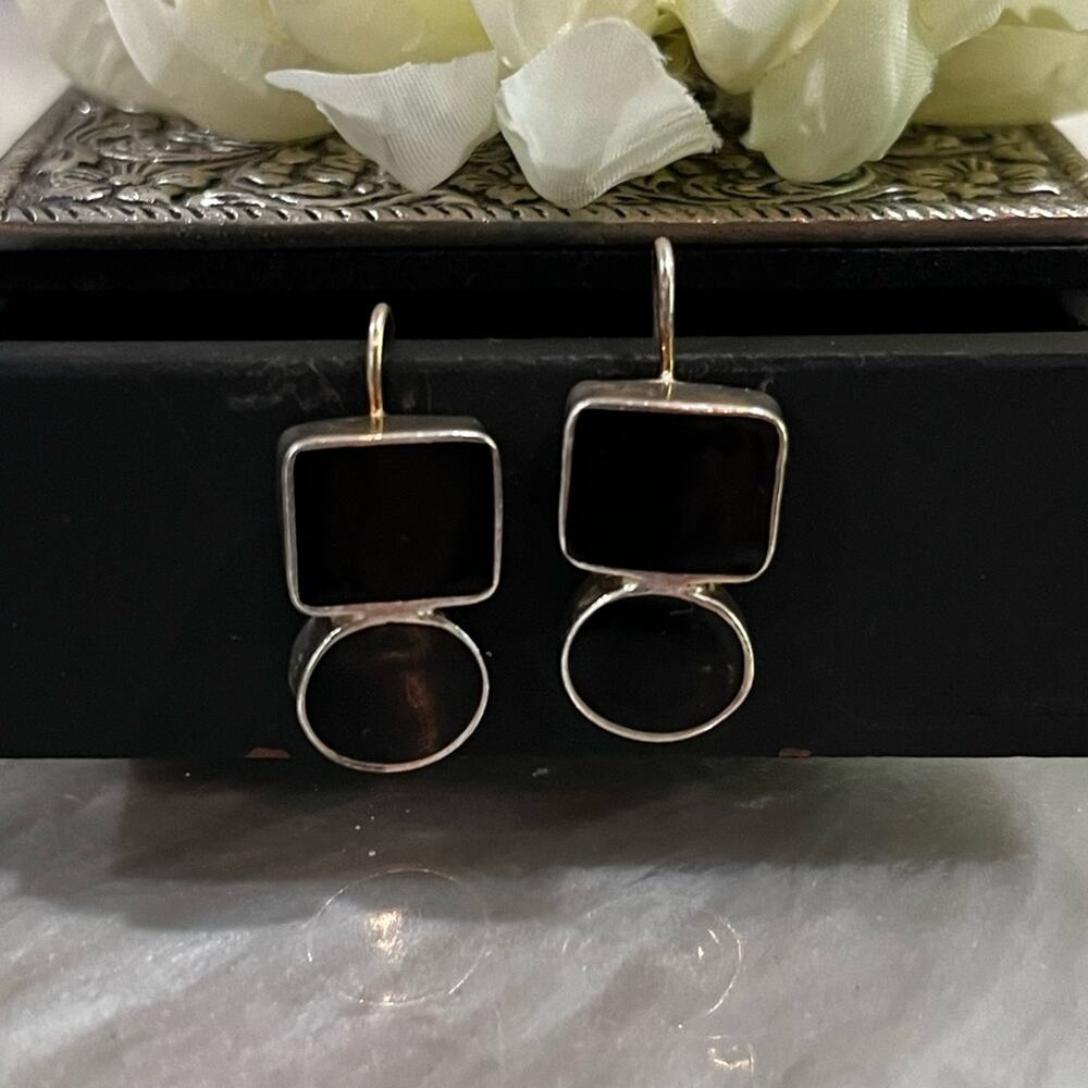 Vintage Taxco AFI Mexico 925 Sterling Silver Black Onyx Modern Stacked Earrings